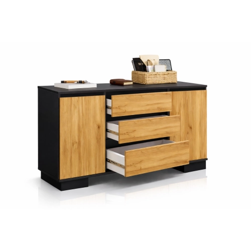 Komoda 2D3S CZ ALFA Komoda Czarna z Szufladami do Salonu, Sypialni 145 cm Dąb Wotan + Czarny